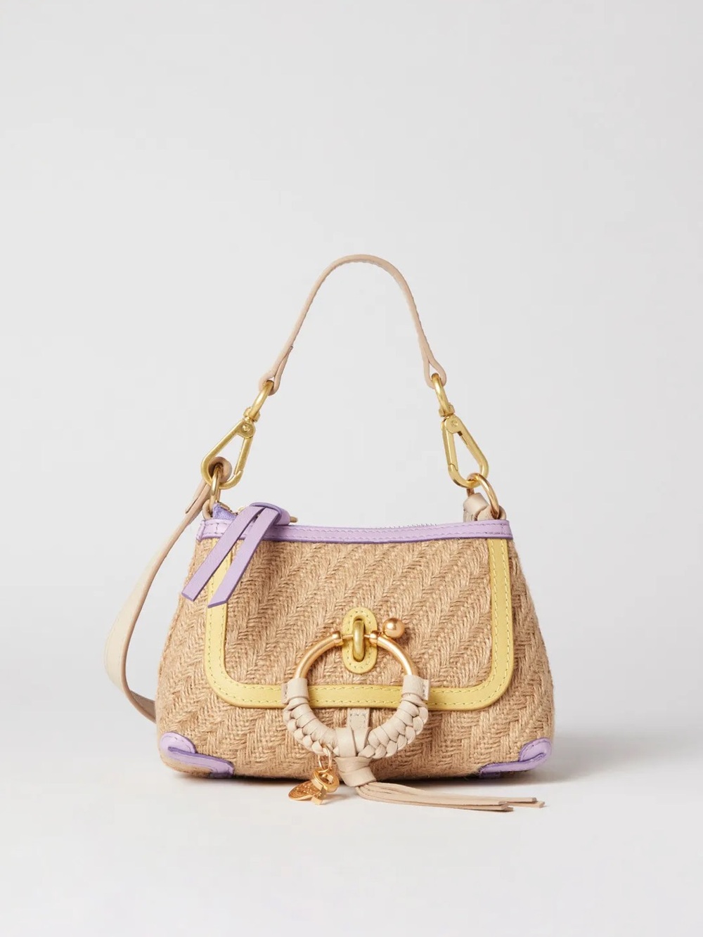 Pre-Loved See by Chloe Woven Straw Shoulder Bag with Lavender & Yellow Trim